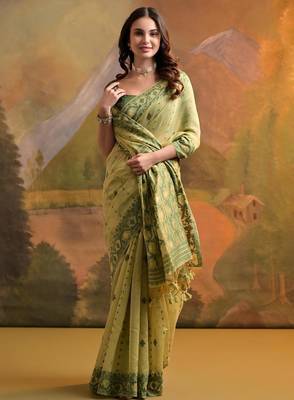 pista green muga cotton saree with woven butti design 2