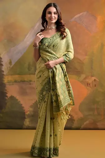 pista green muga cotton saree with woven butti design