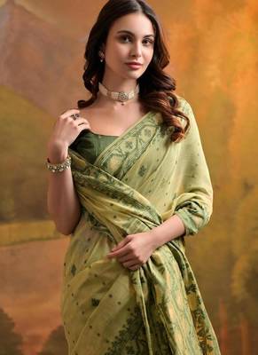pista green muga cotton saree with woven butti design 3