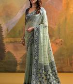 Sea green color muga cotton jamdani concept weaving sarees