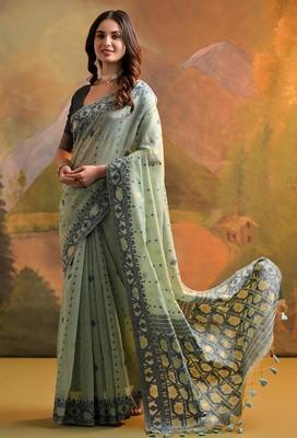 sea green cotton saree with jamdani weaving work 2