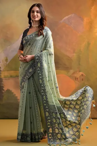sea green cotton saree with jamdani weaving work