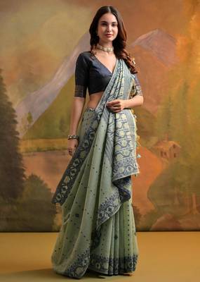 sea green cotton saree with jamdani weaving work 3