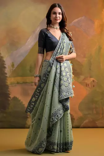 sea green cotton saree with jamdani weaving work