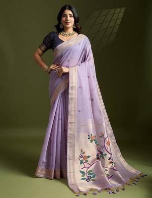 lavender cotton saree with paithani zari weaving work 1