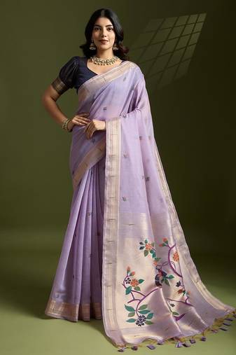 Levender color muga cotton paithani resham zari weaving sarees