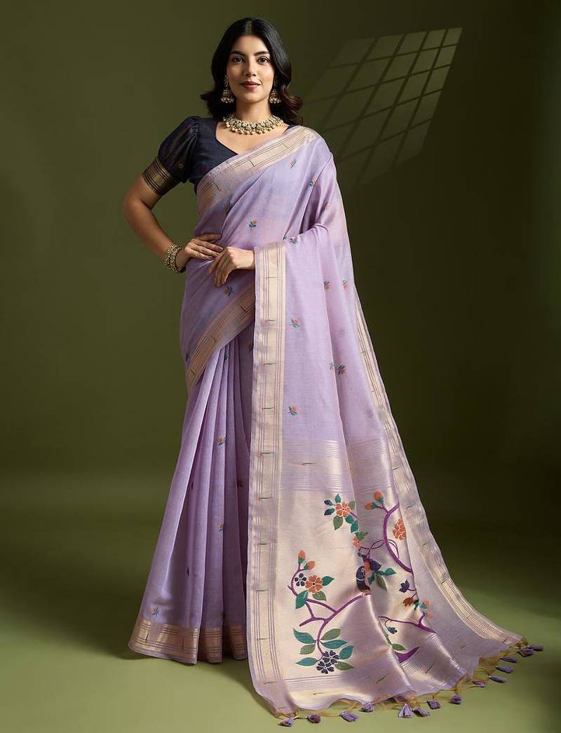 Levender color muga cotton paithani resham zari weaving sarees