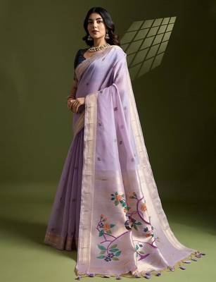 lavender cotton saree with paithani zari weaving work 2