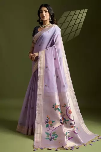 lavender cotton saree with paithani zari weaving work