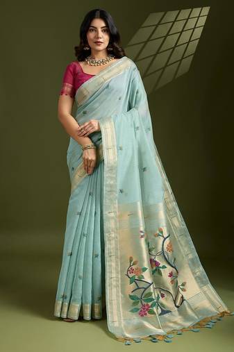 Sky blue color muga cotton paithani resham zari weaving sarees