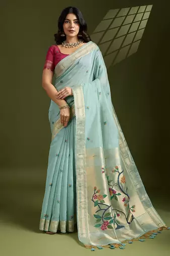 Sky blue color muga cotton paithani resham zari weaving sarees