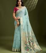 Sky blue color muga cotton paithani resham zari weaving sarees