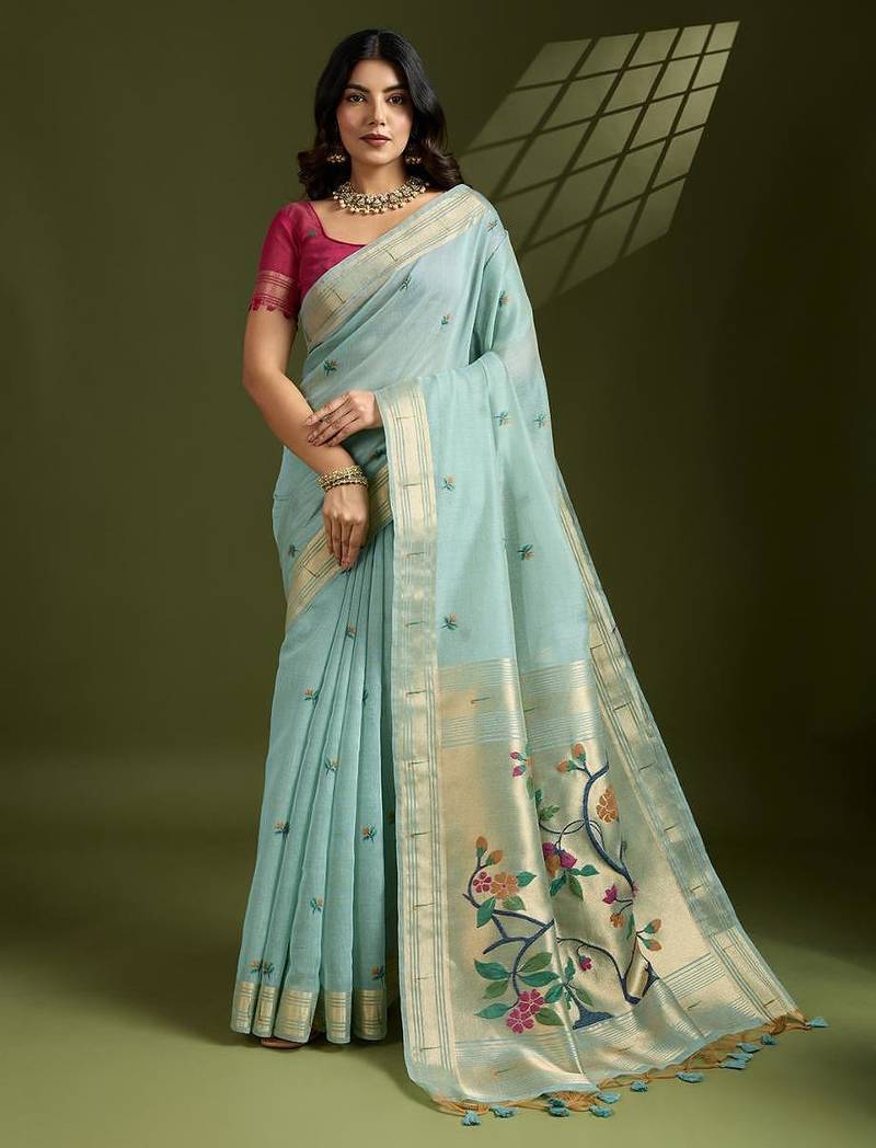 Sky blue color muga cotton paithani resham zari weaving sarees