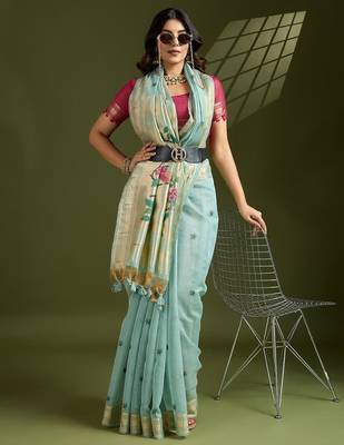 sky blue muga cotton saree with zari woven border 3