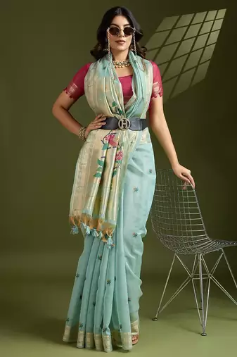 sky blue muga cotton saree with zari woven border
