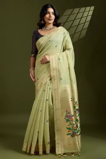 Pista color muga cotton paithani resham zari weaving sarees