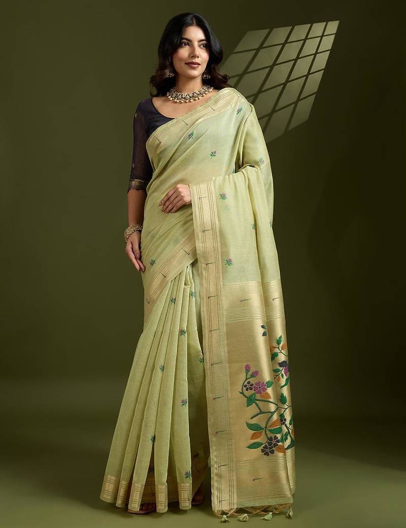 Pista color muga cotton paithani resham zari weaving sarees