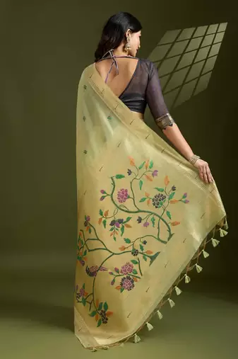 pista green cotton saree with paithani zari weaving work