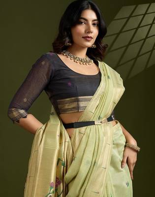pista green cotton saree with paithani zari weaving work 4