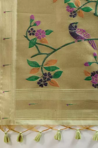 pista green cotton saree with paithani zari weaving work