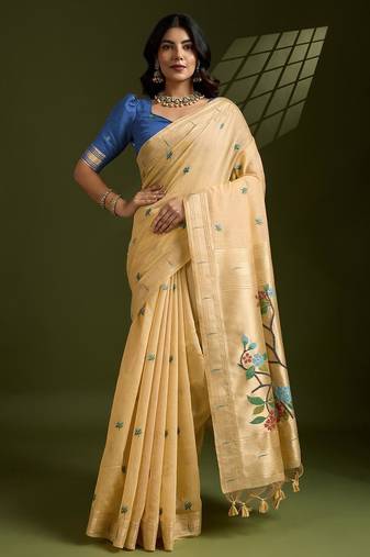 Gold color muga cotton paithani resham zari weaving sarees
