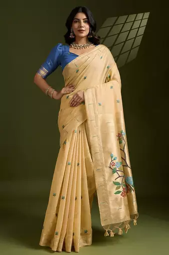Gold color muga cotton paithani resham zari weaving sarees