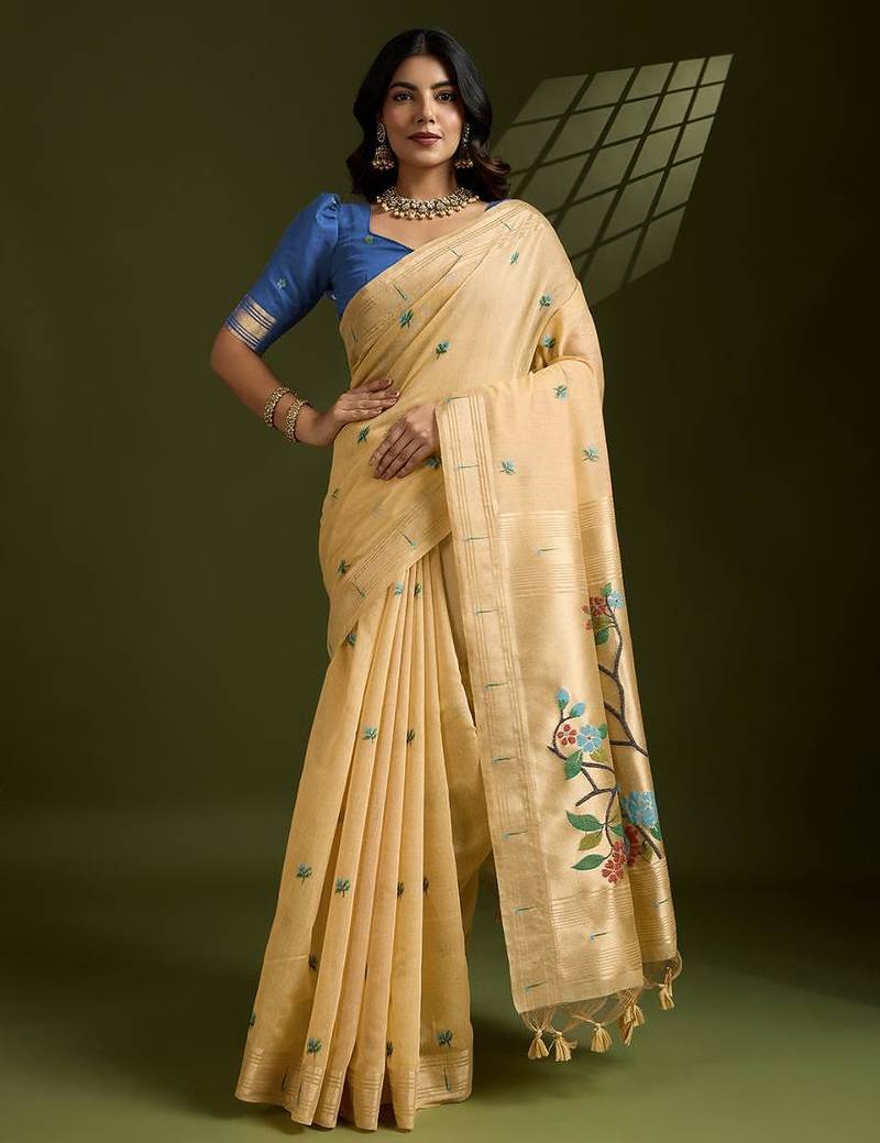 Gold color muga cotton paithani resham zari weaving sarees