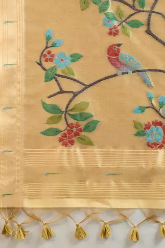 gold muga cotton saree with zari woven border design