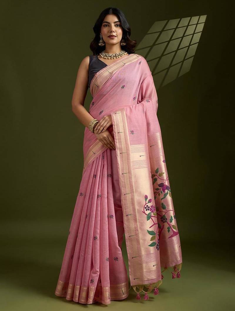 Pink color muga cotton paithani resham zari weaving sarees