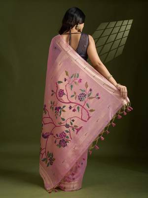 pink cotton saree with paithani zari weaving work 2