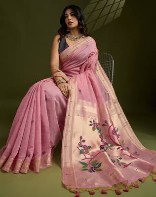 pink cotton saree with paithani zari weaving work 3