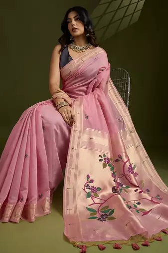 pink cotton saree with paithani zari weaving work