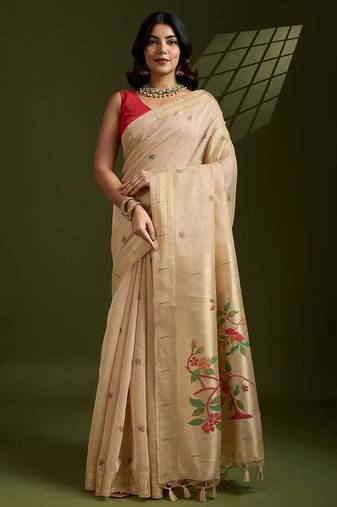 Cream color muga cotton paithani resham zari weaving sarees