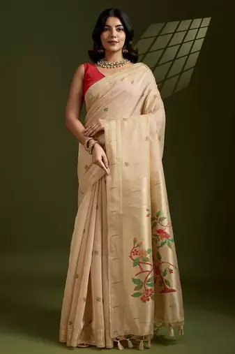 Cream color muga cotton paithani resham zari weaving sarees
