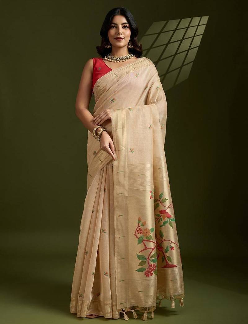Cream color muga cotton paithani resham zari weaving sarees