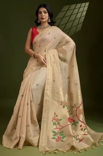 cream cotton saree with paithani zari weaving work