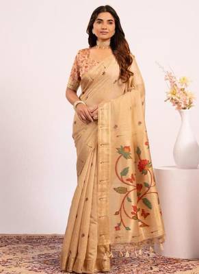 chiku muga cotton saree with paithani resham weaving 1