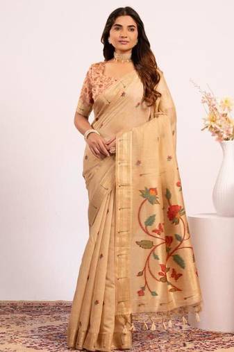 Chiku color muga cotton paithani resham weaving sarees