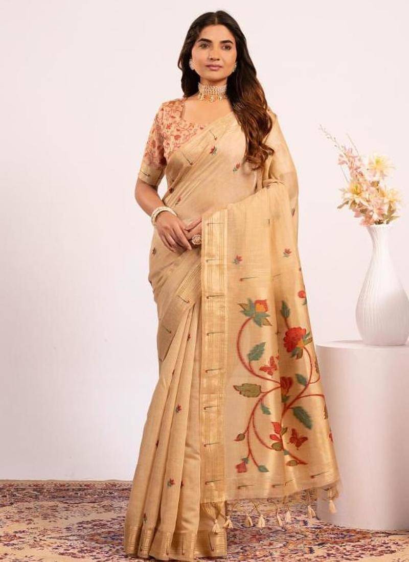 Chiku color muga cotton paithani resham weaving sarees