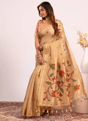 chiku muga cotton saree with paithani resham weaving 2