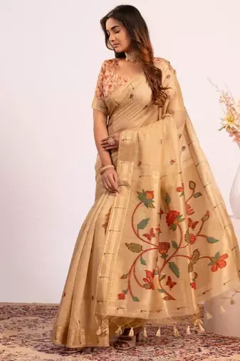 chiku muga cotton saree with paithani resham weaving