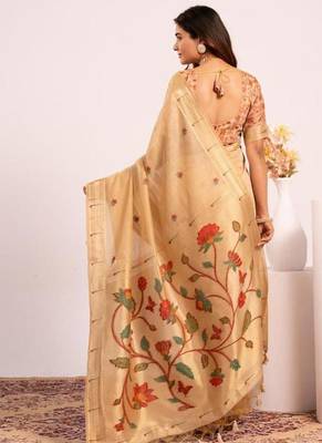chiku muga cotton saree with paithani resham weaving 3