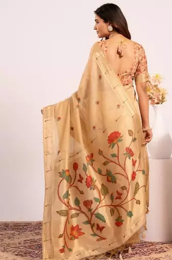chiku muga cotton saree with paithani resham weaving