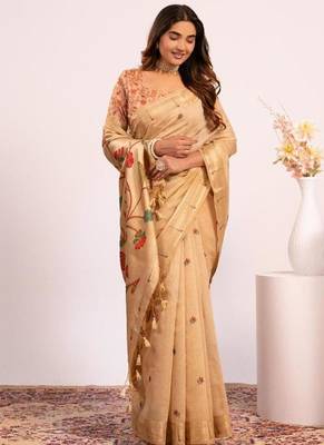 chiku muga cotton saree with paithani resham weaving 4