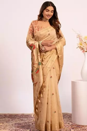 chiku muga cotton saree with paithani resham weaving