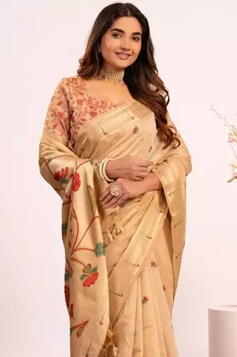 chiku muga cotton saree with paithani resham weaving
