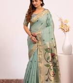 Firozi color muga cotton paithani resham weaving sarees