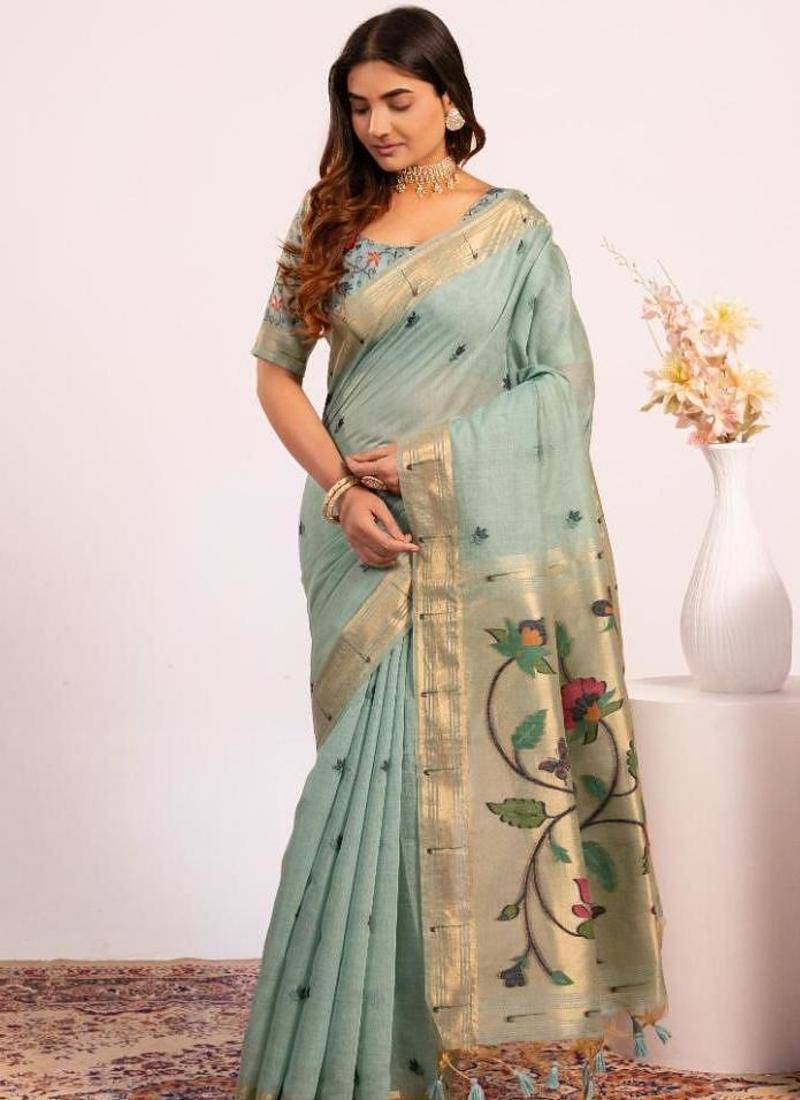 Firozi color muga cotton paithani resham weaving sarees