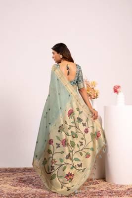 sky blue muga cotton saree with paithani weaving work 2