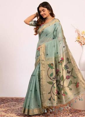 sky blue muga cotton saree with paithani weaving work 4